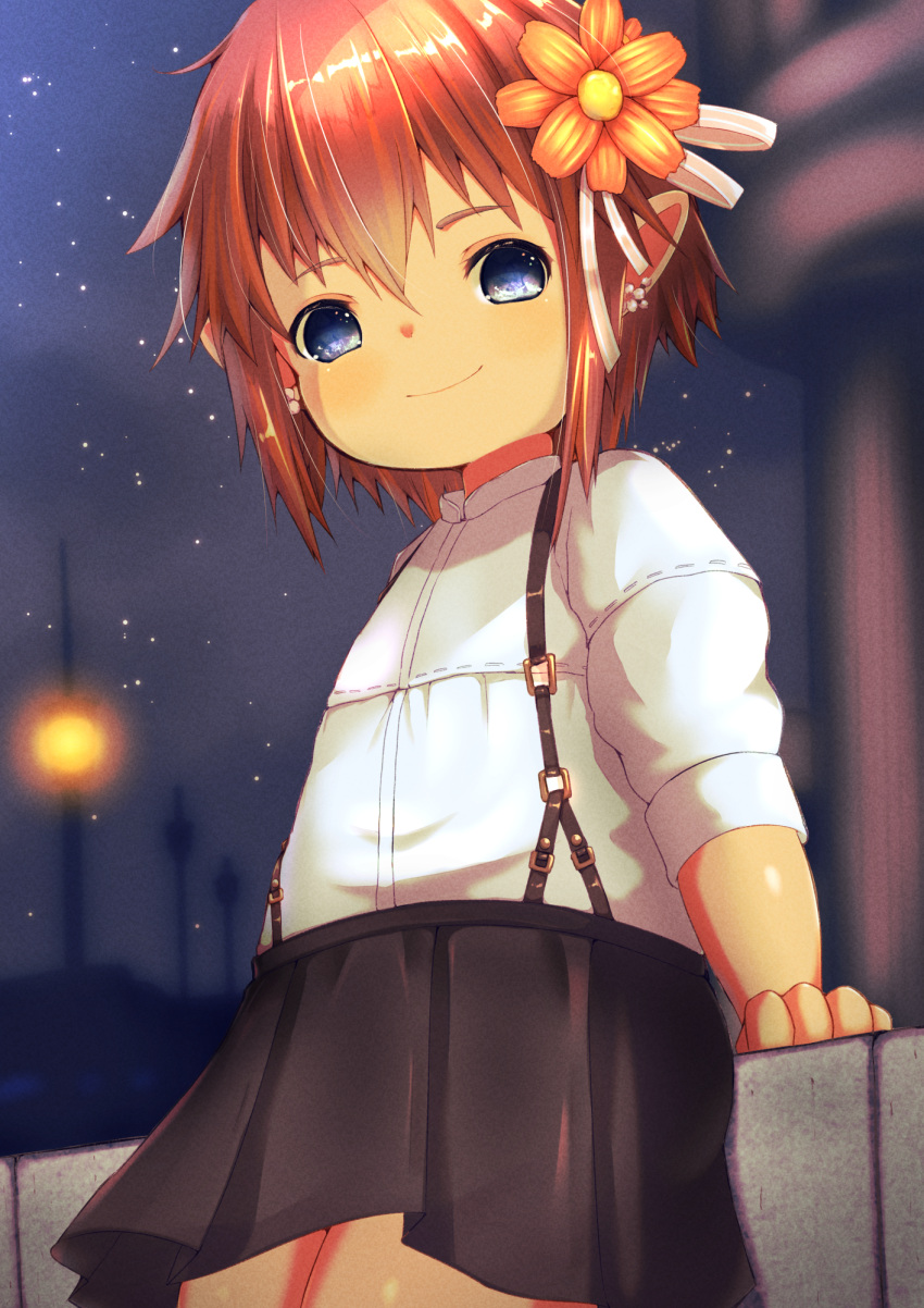 1boy bangs black_skirt blue_eyes blurry blurry_background closed_mouth commentary_request commission demimushi depth_of_field final_fantasy final_fantasy_xiv flower hair_between_eyes hair_flower hair_ornament highres lalafell long_sleeves night night_sky orange_flower outdoors pleated_skirt pointy_ears redhead shirt short_hair skeb_commission skirt sky smile solo starry_background suspender_skirt suspenders white_shirt