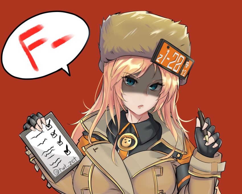 1girl armband bangs black_gloves blonde_hair blue_eyes breasts brown_coat brown_headwear clipboard coat fingerless_gloves gloves guilty_gear guilty_gear_strive hat highres holding holding_clipboard holding_pen large_breasts long_hair long_sleeves looking_at_viewer millia_rage parted_lips pen red_background shaded_face simple_background solo speech_bubble swept_bangs zet_(twt_zet)