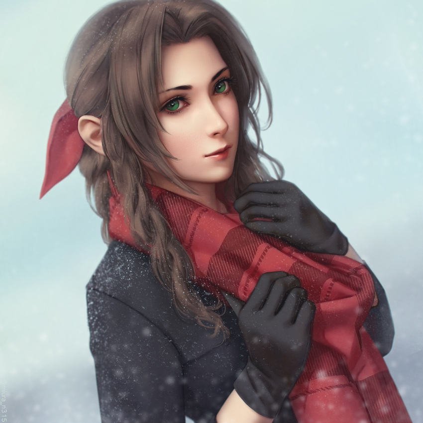 1girl aerith_gainsborough black_coat black_gloves blue_background brown_hair coat commentary_request english_commentary final_fantasy final_fantasy_vii gloves hair_ribbon hands_up highres long_hair long_sleeves looking_at_viewer miura-n315 red_ribbon red_scarf ribbon scarf snowing solo twitter_username upper_body