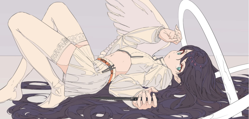 1girl angel_wings black_hair boots clothing_request cogecha commentary_request green_eyes halo highres knife long_hair long_sleeves looking_at_viewer lying midriff miniskirt navel on_back original skirt tagme thigh-highs thigh_boots very_long_hair white_legwear white_skirt white_wings wings zettai_ryouiki