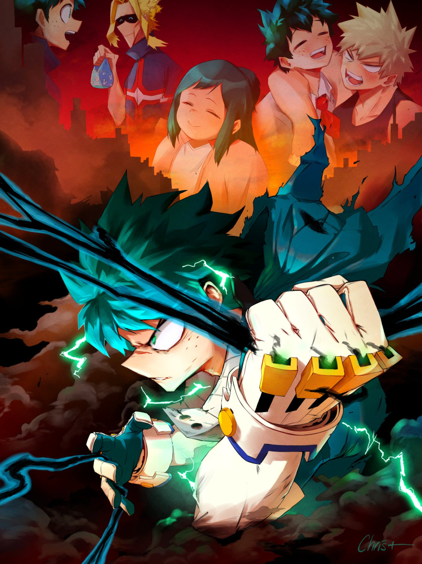 all_might angry bakugou_katsuki boku_no_hero_academia cape chrispplus clenched_teeth clouds costume furrowed_brow gloves highres looking_ahead male_focus midoriya_inko midoriya_izuku projected_inset scar scar_on_face scar_on_nose skyline solo_focus special_moves teeth torn_cape torn_clothes v-shaped_eyebrows yagi_toshinori