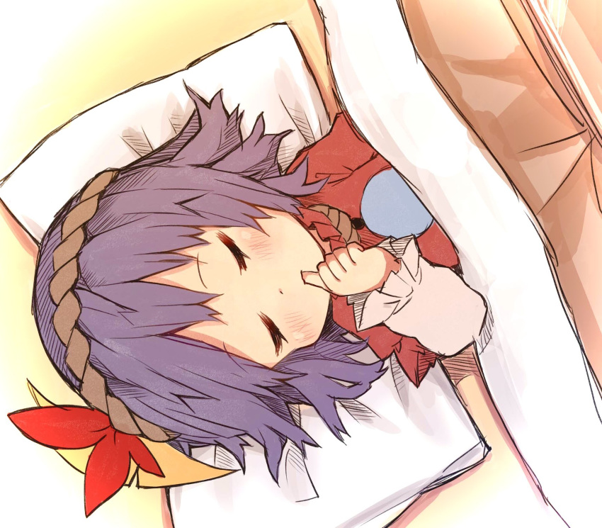 1girl bangs closed_eyes dutch_angle finger_in_mouth hair_ornament highres leaf_hair_ornament long_sleeves lying on_back pillow purple_hair rope rope_necklace short_hair sleeping solo tatuhiro touhou under_covers yasaka_kanako younger