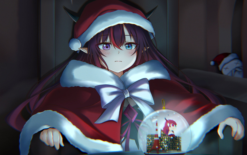 1girl absurdres blue_eyes blush bow capelet frown fur_trim hat heterochromia highres hololive hololive_english irys_(hololive) jan_azure looking_down meme pointy_ears pondering_my_orb_(meme) red_capelet red_headwear santa_hat sitting snow_globe solo tolkien's_legendarium violet_eyes virtual_youtuber white_bow