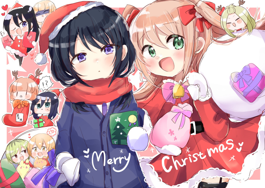 !? 6+girls ;d absurdres antlers bangs_pinned_back bell belt black_hair black_legwear blush bow box cardigan chibi christmas christmas_present christmas_stocking clenched_teeth closed_eyes daidai_(kiiropam41) garter_straps gift gift_bag gift_box green_eyes hair_bow heart highres holding holding_gift jitome katou_asuka kuroki_tomoko merry_christmas mittens multiple_girls nemoto_hina okada_akane one_eye_closed pink_background pink_bow pink_hair ponytail red_bow reindeer_antlers sack sanrio santa_costume sasaki_fuuka school_uniform shaded_face smile spoken_interrobang star_(symbol) stuffed_animal stuffed_toy tamura_yuri tanaka_mako teeth thigh-highs triangle_mouth two_side_up uchi_emiri violet_eyes watashi_ga_motenai_no_wa_dou_kangaetemo_omaera_ga_warui! white_mittens yoshida_masaki |_|