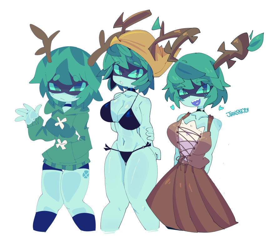 1girl absurdres adventure_time antlers bikini black_bikini black_choker blue_legwear blue_shorts blush breasts brown_dress brown_headwear choker colored_sclera colored_skin dress eye_mask freckles green_eyes green_hair green_hoodie green_sclera green_skin heart highres hood hoodie jiansketch monster_girl plant_girl plant_hair shorts simple_background solo swimsuit white_background