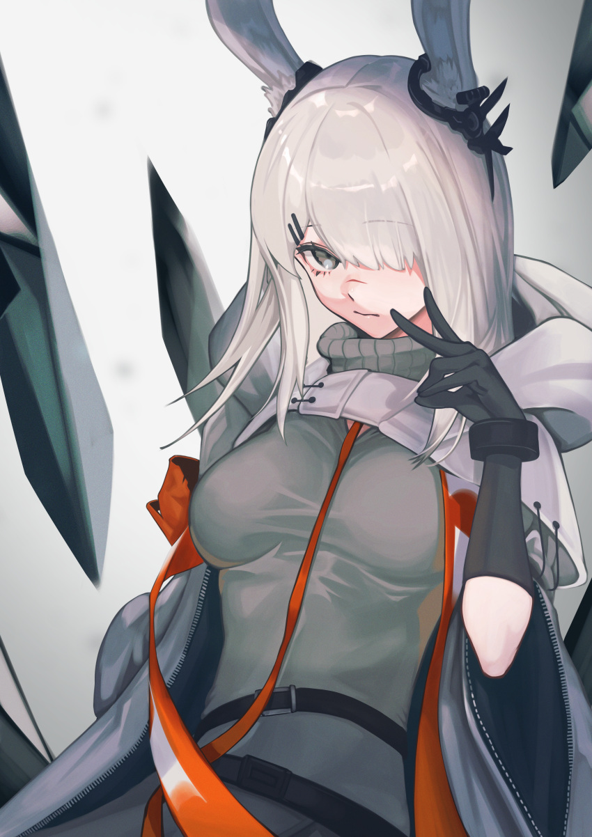 1girl absurdres animal_ears arknights armband black_gloves breasts closed_mouth coat commentary cowboy_shot expressionless eyebrows_visible_through_hair eyelashes frostnova_(arknights) gloves gradient gradient_background grey_background grey_eyes grey_sweater hair_between_eyes hair_ornament hair_over_one_eye hairclip highres hooded_coat looking_at_viewer medium_breasts medium_hair miyazaki-san_(mmyyzk) open_clothes open_coat originium_arts_(arknights) rabbit_ears scar scar_on_face scar_on_nose silver_hair simple_background solo strap sweater turtleneck turtleneck_sweater unzipped white_coat