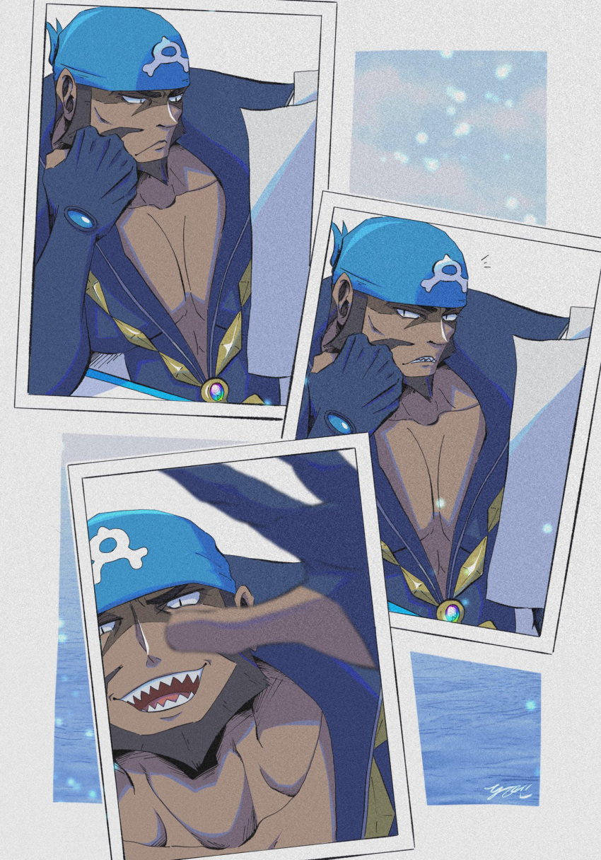 1boy archie_(pokemon) beard black_eyes blue_bandana blue_bodysuit bodysuit brown_hair chain_necklace closed_mouth dark-skinned_male dark_skin facial_hair frown highres logo male_focus multicolored_bodysuit multicolored_clothes multiple_views mustache notice_lines pokemon pokemon_(game) pokemon_oras popped_collar sharp_teeth short_hair signature symbol-only_commentary team_aqua teeth wetsuit white_bodysuit you_(u3no510)