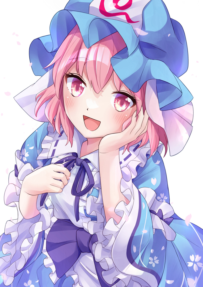 1girl absurdres blue_headwear blue_kimono blue_ribbon blue_sash blush floral_print frilled_sleeves frills hand_on_own_face hat highres japanese_clothes kimono long_sleeves looking_at_viewer mob_cap open_mouth pink_eyes pink_hair ramie_(ramie541) ribbon ribbon-trimmed_collar ribbon_trim saigyouji_yuyuko sash short_hair simple_background smile solo touhou triangular_headpiece upper_body veil white_background wide_sleeves