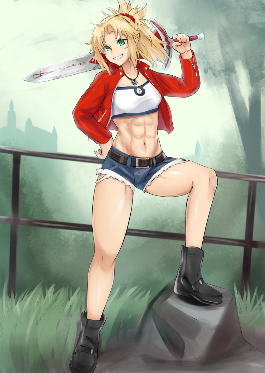 1girl abs absurdres belt black_footwear blonde_hair blue_shorts blush boots breasts collarbone crop_top day denim denim_shorts eyebrows_visible_through_hair fate/grand_order fate_(series) full_body green_eyes grin hand_on_hip highres holding holding_sword holding_weapon jewelry lips looking_at_viewer medium_breasts mordred_(fate) mordred_(fate/apocrypha) muscular muscular_female necklace outdoors over_shoulder parted_lips shiny shiny_skin short_hair short_ponytail short_shorts shorts smile solo sword sword_over_shoulder teeth weapon weapon_over_shoulder zet_(twt_zet)