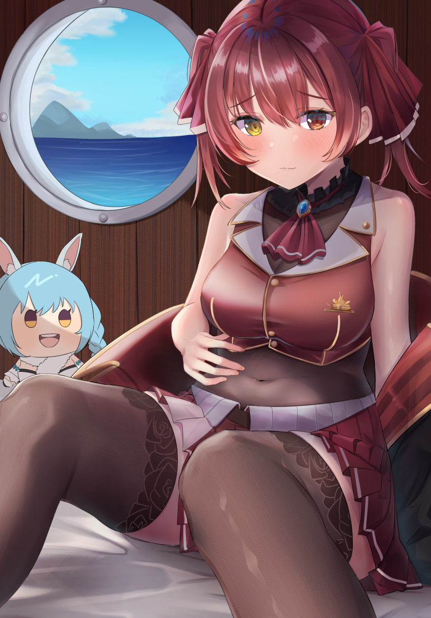1girl absurdres ascot bare_shoulders bed_sheet blush breasts brown_legwear closed_mouth covered_navel cropped_vest heterochromia highres hololive houshou_marine jacket jacket_removed lookhow looking_at_viewer medium_breasts miniskirt ocean pleated_skirt raised_eyebrows red_eyes red_skirt red_vest redhead ship_interior skirt solo stomach stuffed_toy thigh-highs twintails usada_pekora vest virtual_youtuber window yellow_eyes zettai_ryouiki