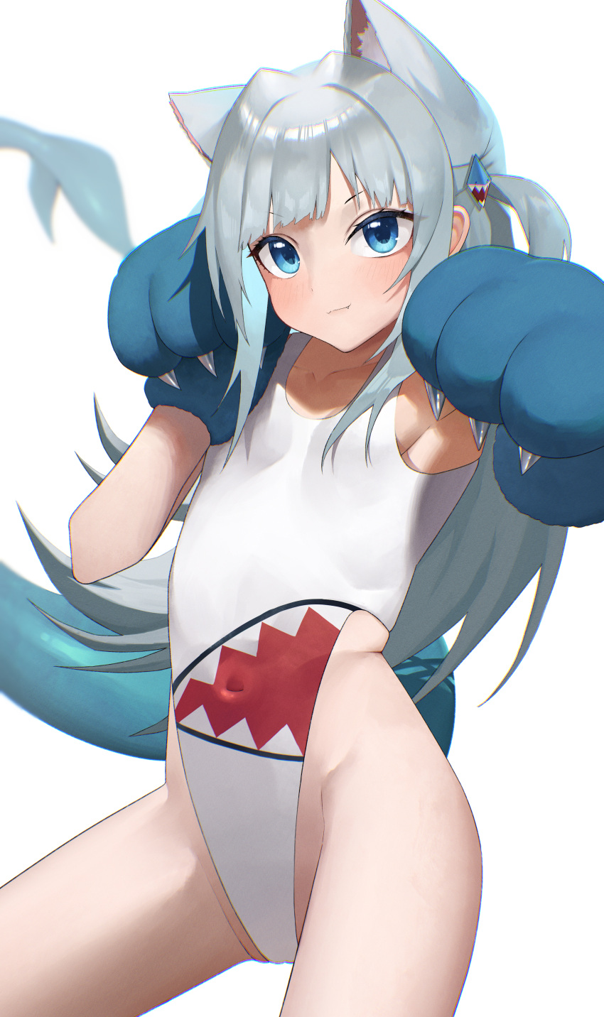 1girl absurdres animal_ears animal_hands bangs bisco_(bisco_art) blue_eyes blue_hair blunt_bangs cat_ears cowboy_shot fish_tail gawr_gura gloves highleg highleg_swimsuit highres hololive hololive_english medium_hair multicolored_hair paw_gloves paw_pose shark_tail silver_hair simple_background solo streaked_hair swimsuit tail two_side_up virtual_youtuber white_background white_swimsuit