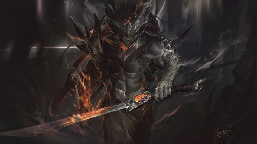 1boy abs absurdres armor black_hair black_skin closed_mouth colored_skin commentary_request dated fire gradient gradient_background helmet highres holding holding_sword holding_weapon league_of_legends long_hair looking_at_viewer male_focus muscular muscular_male navel nightbringer_yasuo red_eyes shoulder_armor signature solo spikes sword weapon wutu_(1183238220) yasuo_(league_of_legends)