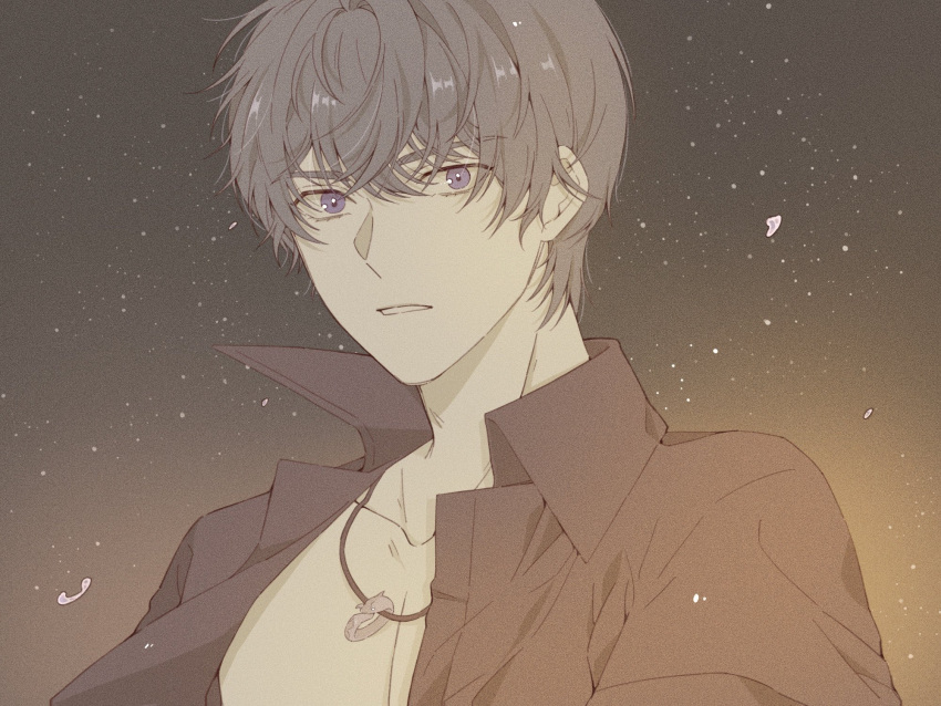 1boy bangs black_shirt highres jewelry jiukuzi18797 looking_at_viewer marius_von_hagen_(tears_of_themis) necklace night night_sky open_clothes open_mouth open_shirt outdoors purple_hair shirt short_hair sky solo star_(sky) tears_of_themis teeth violet_eyes