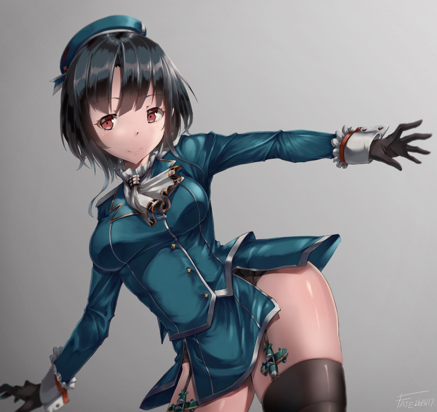 1girl arm_under_breasts bangs beret black_gloves black_hair blue_headwear breasts closed_mouth gloves grey_background hat high_collar highres kantai_collection large_breasts military military_uniform red_eyes short_hair takao_(kantai_collection) uniform white_neckwear xfatezh