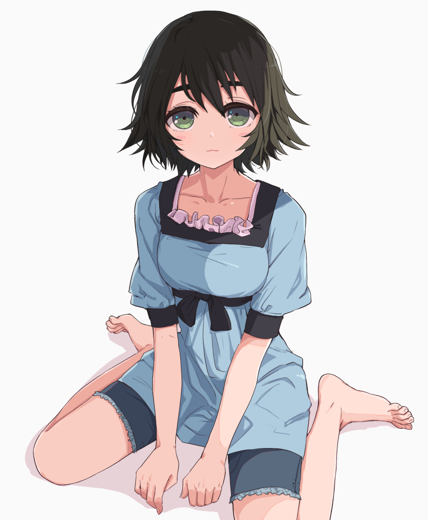 1girl bangs bare_legs barefoot between_legs blue_dress blue_shorts breasts brown_hair closed_mouth collarbone commentary_request dress feet green_eyes hand_between_legs highres kahlua_(artist) light_blush looking_at_viewer medium_breasts open_mouth puffy_short_sleeves puffy_sleeves shiina_mayuri short_hair short_sleeves shorts shorts_under_dress simple_background sitting solo steins;gate wariza white_background