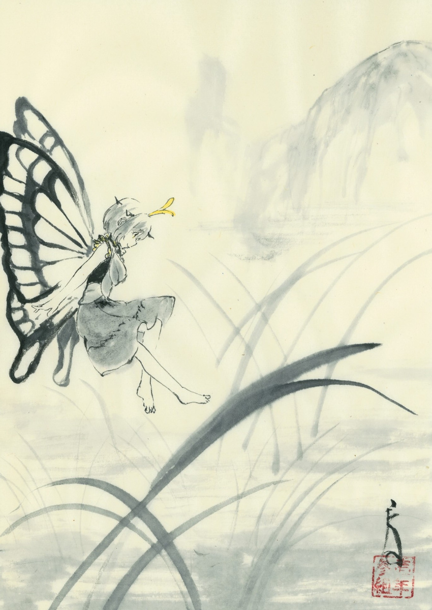 1girl antennae barefoot butterfly_wings closed_mouth dress eternity_larva eyebrows_visible_through_hair fairy full_body hair_between_eyes highres ink_wash_painting leaf leaf_on_head monochrome multicolored_clothes multicolored_dress short_hair short_sleeves signature single_strap smile solo takaharuti touhou wings