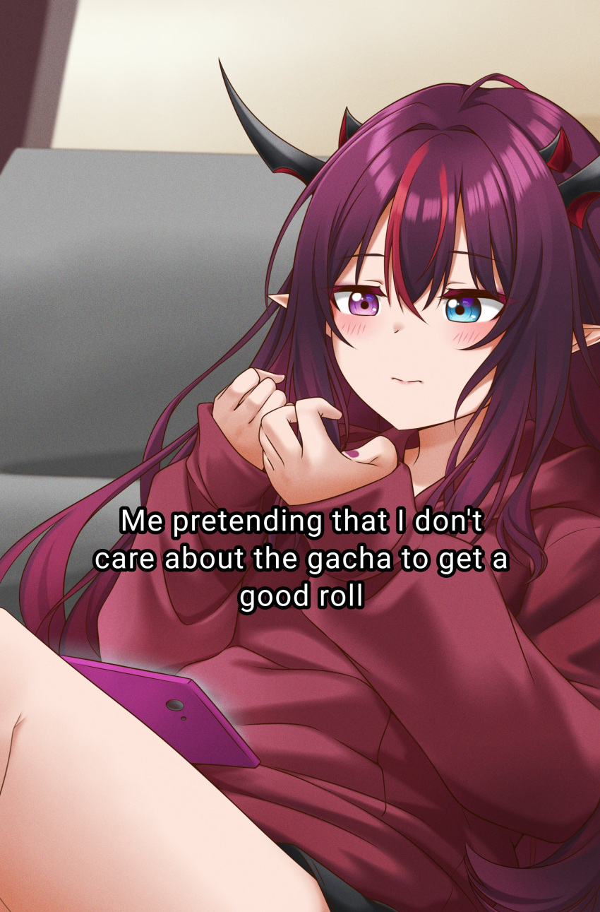 1girl absurdres bangs black_shorts blush cellphone couch english_text hair_behind_ear heterochromia highres hololive hololive_english hood hoodie horns irys_(hololive) jan_azure meme multicolored_hair multiple_horns phone pointy_ears purple_hair purple_nails red_hoodie redhead shorts sitting smartphone solo streaked_hair virtual_youtuber