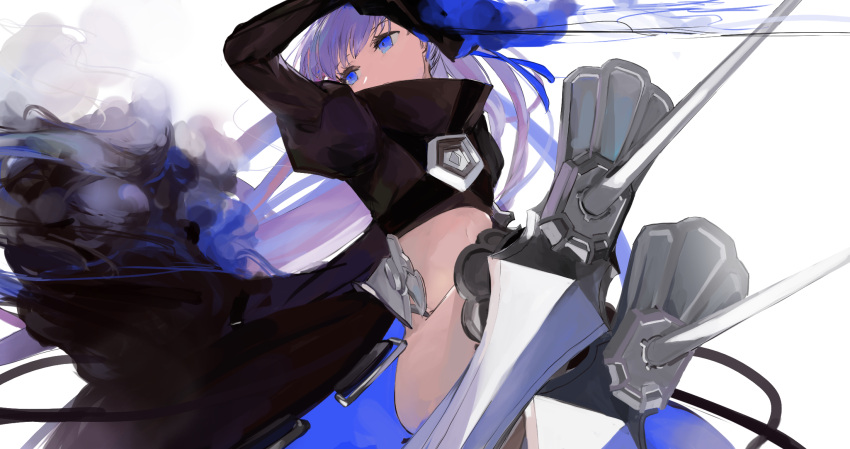 1girl armored_boots bangs blue_eyes blue_ribbon boots breasts cropped_jacket crotch_plate fate/extra fate/extra_ccc fate_(series) hair_ribbon highres long_hair long_sleeves meltryllis_(fate) navel prosthesis prosthetic_leg purple_hair ribbon sleeves_past_fingers sleeves_past_wrists small_breasts very_long_hair yorurokujuu