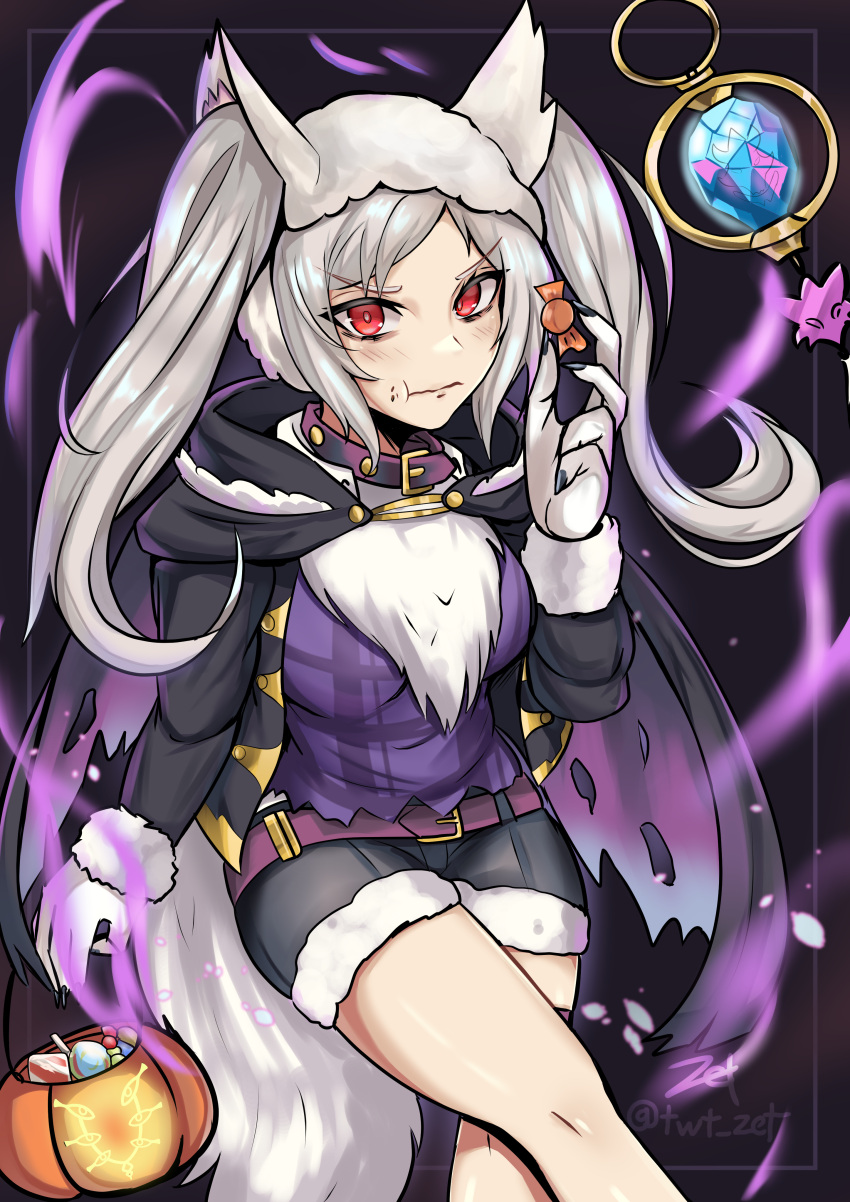 1girl absurdres alternate_costume belt black_shorts closed_mouth eating eyebrows_visible_through_hair fire_emblem fire_emblem_awakening fire_emblem_heroes food food_on_face grey_hair grima_(fire_emblem) halloween halloween_costume highres looking_at_viewer official_alternate_costume red_eyes robin_(fire_emblem) robin_(fire_emblem)_(female) short_shorts shorts solo twintails wolf_girl zet_(twt_zet)