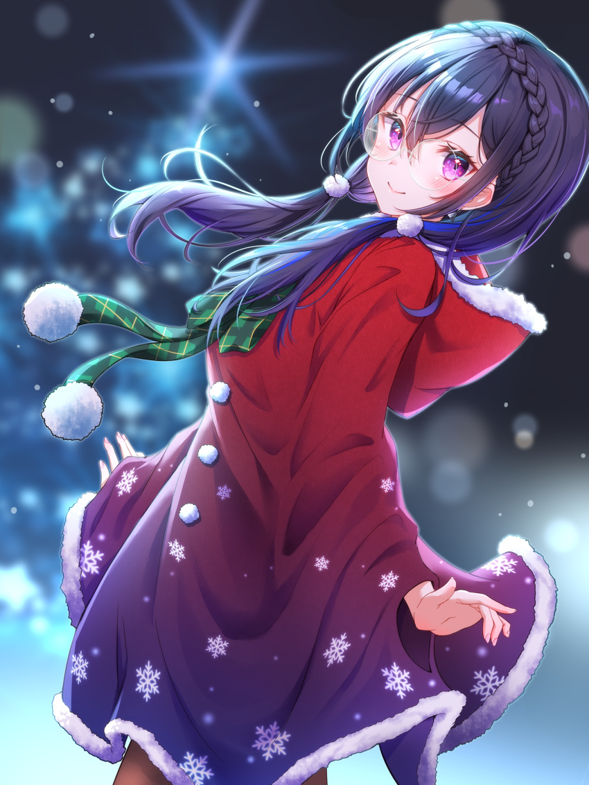 1girl alternate_costume bangs black_hair blue_hair blush braid brown_legwear christmas christmas_tree crown_braid dress earrings french_braid fur-trimmed_dress fur_trim glasses gradient_dress hair_ornament highres hooded_dress ichinose_uruha jewelry long_hair looking_at_viewer looking_to_the_side low_twintails multicolored_hair night pom_pom_(clothes) pom_pom_hair_ornament poncho red_dress round_eyewear smile snowflake_print solo streaked_hair toki_(toki_ship8) twintails violet_eyes virtual_youtuber vspo!