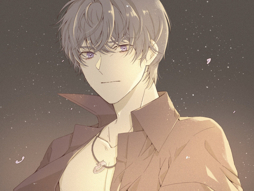 1boy bangs black_shirt closed_mouth highres jewelry jiukuzi18797 looking_at_viewer marius_von_hagen_(tears_of_themis) necklace night night_sky open_clothes open_shirt outdoors purple_hair shirt short_hair sky solo star_(sky) tears_of_themis violet_eyes