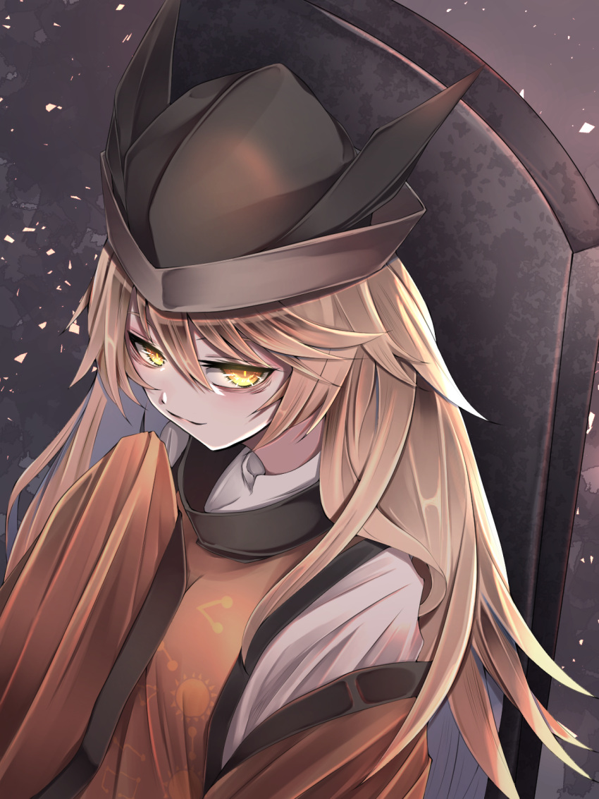 1girl bangs black_headwear blonde_hair breasts brown_headwear cape chair closed_mouth constellation constellation_print detached_sleeves eyebrows_visible_through_hair gradient gradient_background grey_background hair_between_eyes hand_up hat highres long_hair long_sleeves looking_at_viewer matara_okina medium_breasts orange_cape petals pink_background shirt sitting smile solo tabard touhou tsune_(tune) white_shirt wide_sleeves yellow_eyes