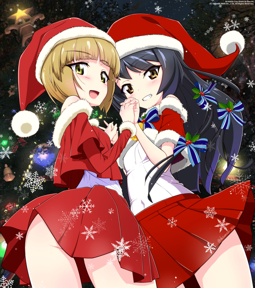 2girls bangs bell black_hair blonde_hair blue_bow blue_bowtie blunt_bangs blush bob_cut bow bowtie brown_eyes christmas christmas_tree commentary covered_navel cropped_jacket cutlass_(girls_und_panzer) datemaki_360 english_commentary eyebrows_visible_through_hair fur-trimmed_jacket fur_trim girls_und_panzer grin hair_bow hat highres holding_hands holly interlocked_fingers jacket layered_sleeves long_hair long_sleeves looking_at_viewer miniskirt mixed-language_commentary multiple_girls neck_bell off-shoulder_jacket off_shoulder open_mouth pleated_skirt red_headwear red_jacket red_skirt reizei_mako santa_costume santa_hat shirt short_hair short_over_long_sleeves short_sleeves skirt smile snowflakes standing star_ornament twitter_username watermark white_shirt yellow_eyes
