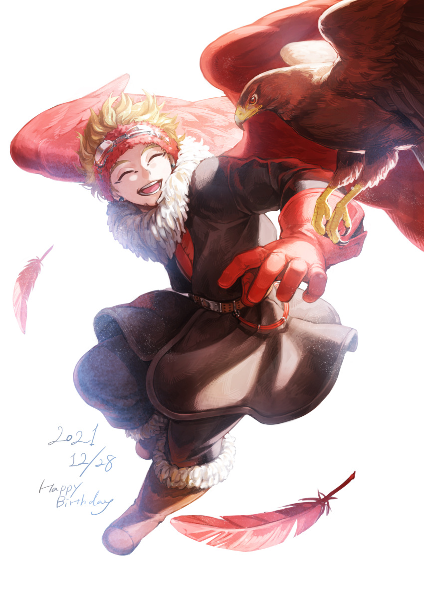 1boy absurdres belt bird blonde_hair boku_no_hero_academia boots closed_eyes earrings falconry feathered_wings flying fur-trimmed_boots fur-trimmed_jacket fur_trim gloves goggles goggles_on_headwear happy_birthday hawk hawks_(boku_no_hero_academia) headband highres jacket jewelry kt_aves leather leather_gloves male_focus midair open_mouth red_feathers red_gloves red_headband smile stud_earrings wings winter_clothes