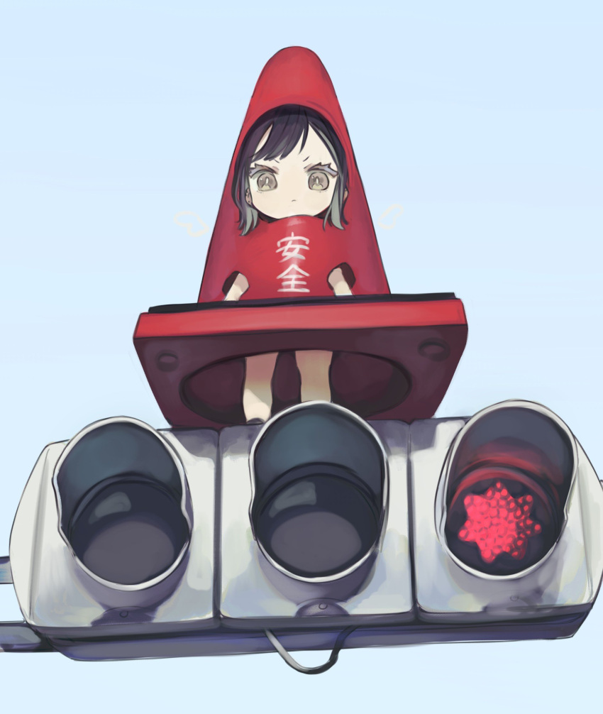 1other :| androgynous black_hair blue_sky chibi closed_mouth commentary_request costume from_below full_body grey_eyes highres looking_at_viewer looking_up original outdoors short_eyebrows sidelocks sky standing tokiwata_soul traffic_cone traffic_light v-shaped_eyebrows