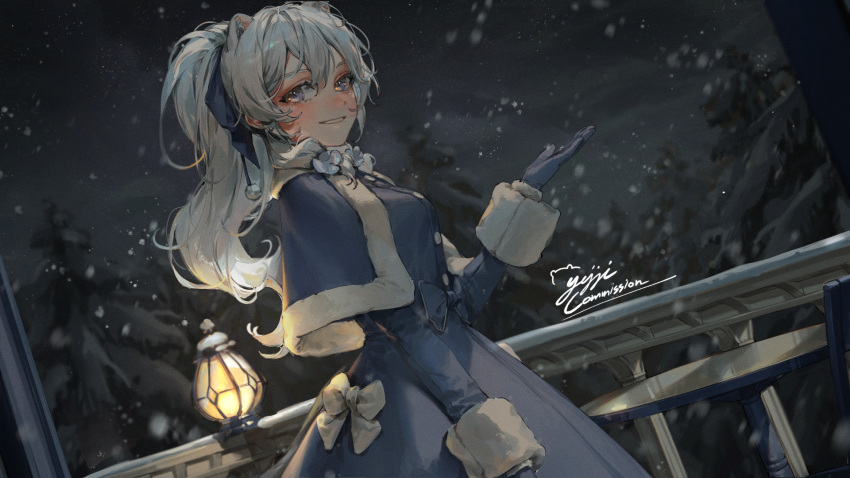 1girl animal_ear_fluff animal_ears balcony blue_bow blue_capelet blue_dress blue_eyes blue_gloves blush bow capelet coat commission dress dutch_angle fir_tree from_side fur-trimmed_coat fur-trimmed_sleeves fur_trim gloves hair_bow highres kellymonica02 lantern long_hair looking_at_viewer looking_to_the_side night original outdoors outstretched_hand parted_lips pom_pom_(clothes) sidelocks silver_hair snowing solo table tree white_bow winter