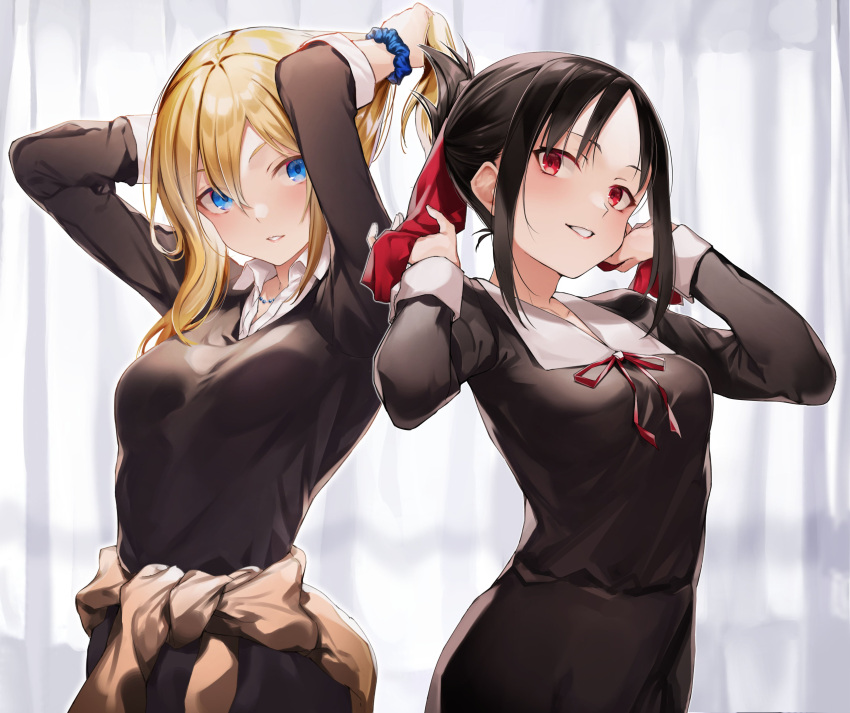 2girls absurdres arms_up bangs black_dress black_hair blue_eyes blush breasts clothes_around_waist cowboy_shot curtains dress eyebrows_visible_through_hair folded_ponytail hachiroku_(hatirokusann86) hair_ribbon hands_in_hair hayasaka_ai highres indoors jewelry kaguya-sama_wa_kokurasetai_~tensai-tachi_no_renai_zunousen~ medium_breasts multiple_girls necklace parted_bangs parted_lips ponytail red_eyes red_ribbon ribbon school_uniform shinomiya_kaguya short_hair sidelocks smile tying_hair