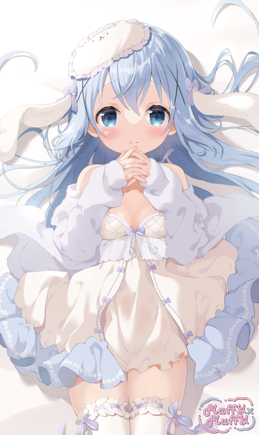 1girl absurdres alternate_costume animal_ears bed_sheet blue_eyes blue_hair blush breasts closed_mouth cowboy_shot dress eyebrows_visible_through_hair fake_animal_ears floppy_ears gochuumon_wa_usagi_desu_ka? hair_between_eyes hair_ornament highres kafuu_chino long_hair long_sleeves looking_at_viewer neki_(wakiko) rabbit_ears signature small_breasts solo white_dress x_hair_ornament