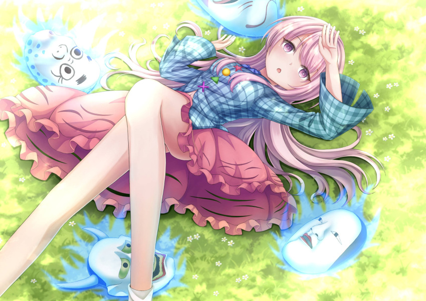 1girl :o arm_up bad_anatomy bangs blue_fire blue_shirt blush bow bowtie breasts circle commentary_request cowboy_shot eyebrows_visible_through_hair eyelashes feet_out_of_frame fire flame frilled_skirt frills grass hand_on_own_head hand_up hata_no_kokoro highres knees legs long_hair long_sleeves lying mask mask_on_head medium_breasts navel noh_mask on_back parted_lips petals pink_eyes pink_hair pink_skirt plaid plaid_shirt purple_bow purple_bowtie shiny shiny_hair shirt skirt socks solo star_(symbol) tassel thighs touhou utanokatati very_long_hair white_legwear
