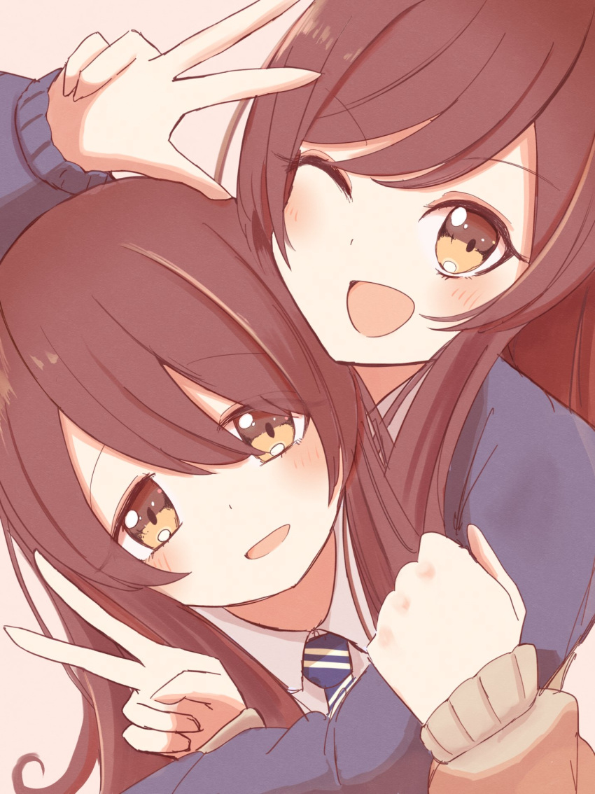 2girls absurdres beige_sweater blue_neckwear brown_eyes brown_hair collared_shirt eyebrows_visible_through_hair from_above gradient gradient_background grey_jacket hair_between_eyes hands_clasped highres idolmaster idolmaster_shiny_colors imune jacket long_hair looking_at_viewer multiple_girls oosaki_amana oosaki_tenka open_mouth own_hands_together plaid plaid_skirt pleated_skirt school_uniform shirt siblings sidelocks skirt standing straight_hair striped striped_neckwear sunab_umahito twins white_shirt