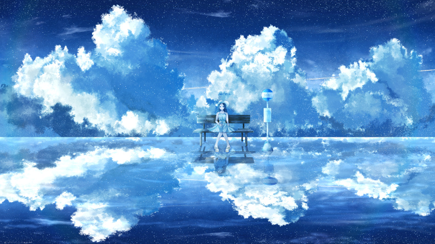 1girl absurdres bench blue_dress blue_sky bus_stop clouds day dress hat highres original outdoors reflection scenery sei_ao sitting sky summer sun_hat white_headwear