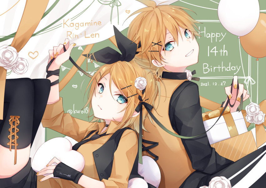 1boy 1girl back-to-back bangs birthday black_legwear blonde_hair blue_eyes bow chalkboard character_name collared_shirt flower hair_bow hair_flower hair_ornament hairclip heart kagamine_len kagamine_rin kuroi_(liar-player) lace-up_legwear long_sleeves matching_outfit shirt short_hair siblings sitting swept_bangs thigh-highs tsurime twins twitter_username vest vocaloid