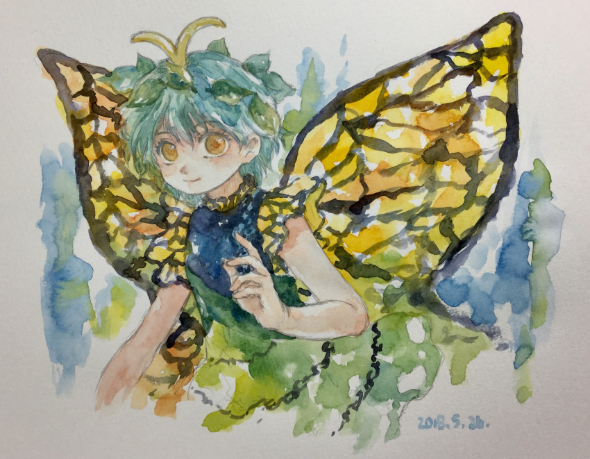 1girl antennae aqua_hair butterfly_wings closed_mouth dated dress eternity_larva fairy green_dress hair_between_eyes highres leaf leaf_on_head multicolored_clothes multicolored_dress one-hour_drawing_challenge painting_(medium) shiroma_(mamiko) short_hair single_strap smile solo touhou traditional_media watercolor_(medium) wings yellow_eyes