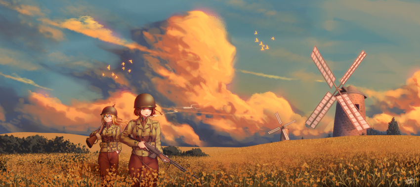 2girls absurdres america bird blonde_hair blue_eyes brown_hair cigarette clouds field flower flower_field gun helmet highres m1918_bar m1_garand machine_gun military military_uniform multiple_girls original pinwheel rifle scenery short_hair smoking soldier sunset uniform weapon whitter windmill world_war_ii