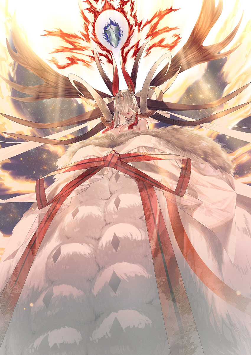 1girl absurdres antlers bare_shoulders beast_iv:l breasts cuso4_suiwabutu fate/grand_order fate_(series) fire fur hair_over_face highres horns japanese_clothes kimono koyanskaya_(fate) large_breasts long_hair looking_at_viewer looking_down monster_girl obi off_shoulder parted_lips rock sash space spoilers tamamo_(fate) tassel white_hair