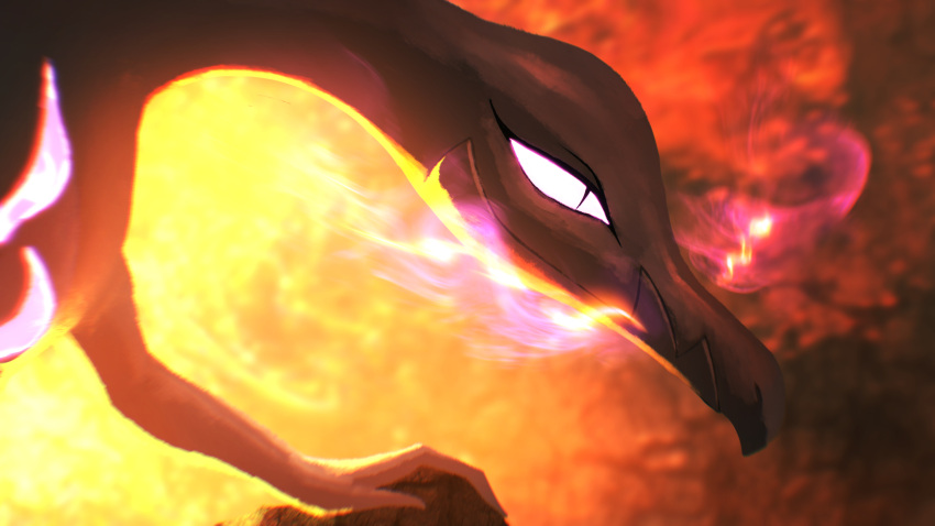 absurdres black_eyes blurry closed_mouth commentary fire from_side glowing higa-tsubasa highres no_humans pokemon pokemon_(creature) rock salazzle smile solo
