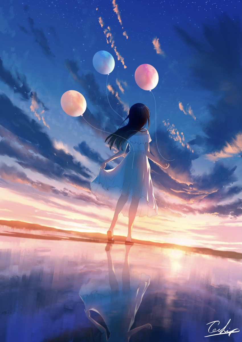 1girl balloon black_footwear black_hair blue_sky clothes_lift clouds cloudy_sky commentary_request dress facing_away floating floating_object full_body highres horizon long_hair original outdoors salt_flats sandals scenery see-through see-through_dress signature skirt skirt_lift sky solo standing star_(sky) sunlight sunset tochichima white_dress