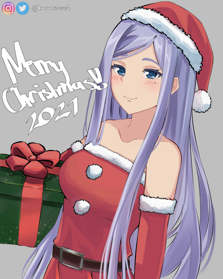 1girl 86_-eightysix- absurdres anju_emma artist_name bangs belt blue_eyes blush breasts brown_belt collarbone dress elbow_gloves gift gloves hair_behind_ear hat highres holding holding_gift knownameart long_hair medium_breasts merry_christmas mole mole_under_eye red_dress red_gloves santa_dress santa_hat silver_hair smile solo strapless strapless_dress