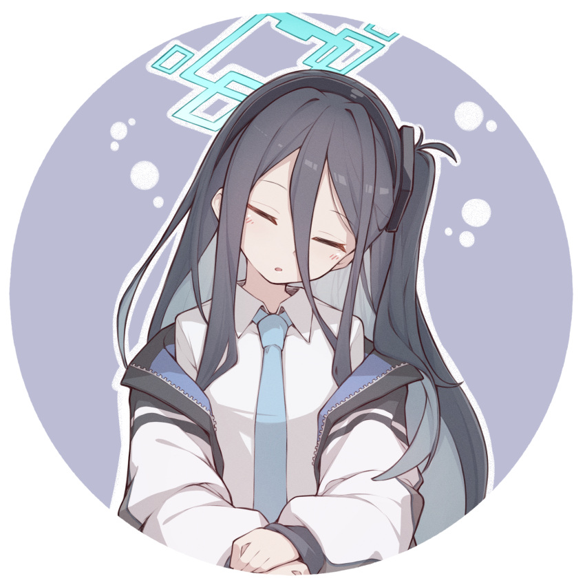 1girl arisu_(blue_archive) black_hair blue_archive blue_necktie blue_neckwear closed_eyes commentary_request hair_between_eyes halo highres jacket long_hair long_sleeves mmhomm necktie shirt solo upper_body white_jacket white_shirt