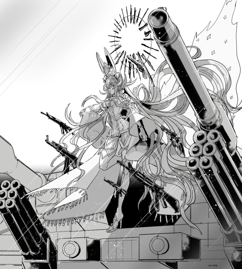 1girl animal_ear_fluff animal_ears armored_vehicle artillery artist_name bangs bow breasts bullet cannon cape circle closed_mouth dress eyebrows_visible_through_hair fate/grand_order fate_(series) floating_hair fox_girl from_below full_body gem greyscale ground_vehicle gun hair_between_eyes hair_bun hat high_heels highres koyanskaya_(fate) long_hair looking_to_the_side machine_gun military military_vehicle monochrome motor_vehicle rabbit_ears revolver ribbon rifle sidelocks solo standing tail tamamo_(fate) tank thigh-highs uhana very_long_hair weapon wristband