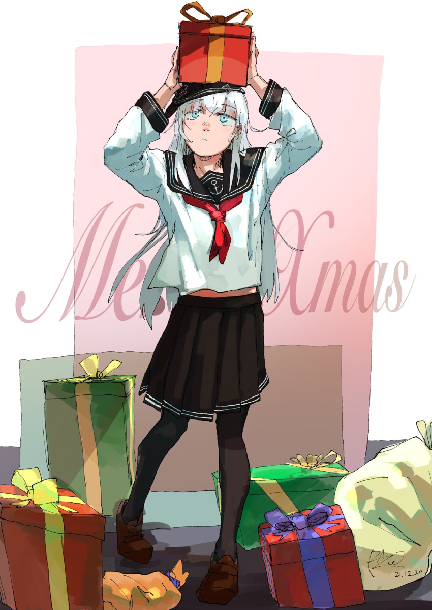 1girl anchor_symbol black_legwear black_sailor_collar black_skirt blue_eyes full_body gift hibiki_(kancolle) highres kantai_collection loafers long_hair looking_at_viewer merry_christmas object_on_head pantyhose pazuu sailor_collar school_uniform serafuku shoes silver_hair skirt solo