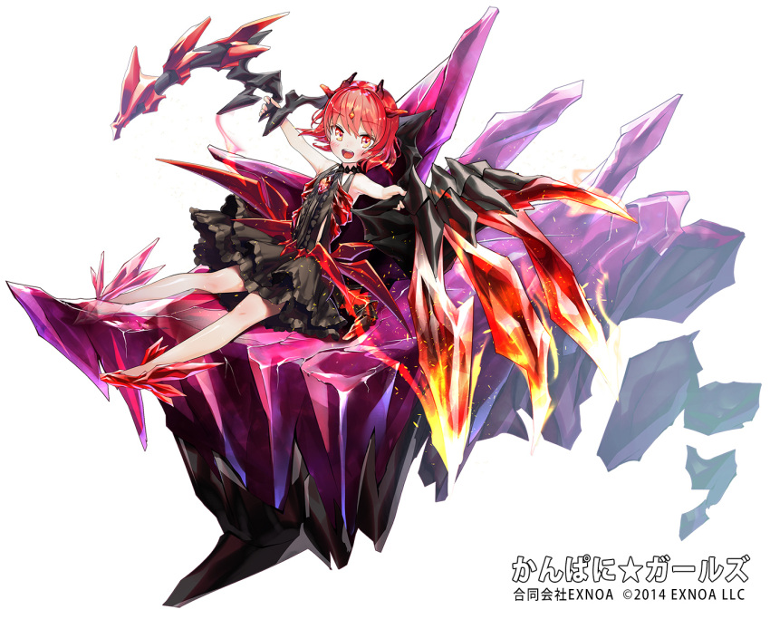 1girl :d black_dress breasts company_name crystal dated dress dual_wielding full_body gem holding holding_weapon horns kanpani_girls official_art red_eyes red_footwear redhead short_hair simple_background sitting sleeveless sleeveless_dress small_breasts smile takeda_kazuki weapon