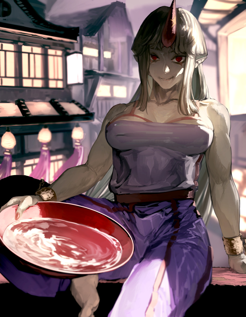 1girl absurdres alcohol bare_shoulders barefoot blonde_hair breasts chain cup highres horns hoshiguma_yuugi hotoke_party large_breasts long_hair muscular muscular_female oni outdoors pants pointy_ears purple_pants red_eyes sakazuki sake single_horn sleeveless smile solo touhou