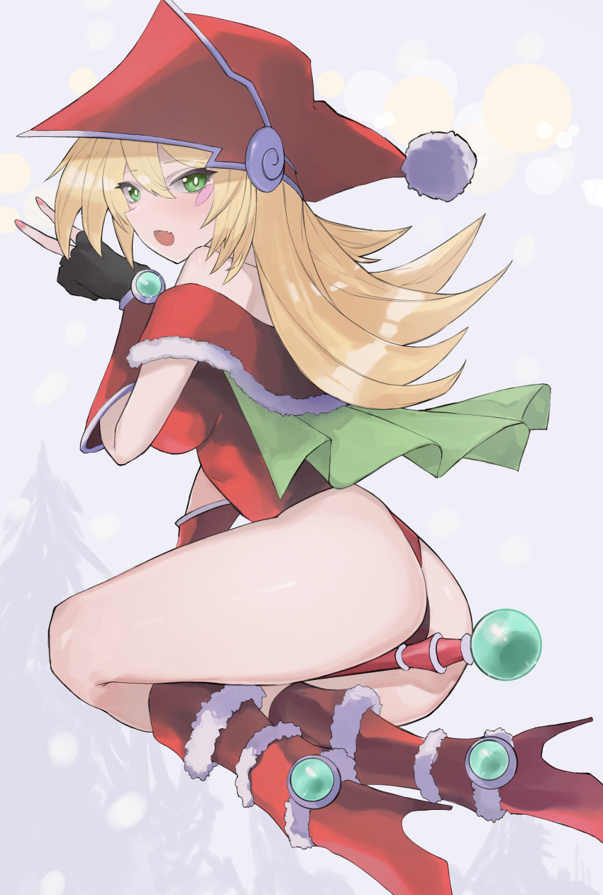1girl absurdres ass bare_shoulders black_gloves blonde_hair blush blush_stickers breasts bridal_gauntlets capelet christmas dark_magician_girl duel_monster fingerless_gloves from_side fur_trim gloves green_eyes grey_background hair_between_eyes hat highres kataku_musou large_breasts long_hair looking_at_viewer looking_to_the_side open_mouth red_footwear red_headwear revealing_clothes santa_costume santa_hat simple_background solo thighs traditional_media v wand wizard_hat yu-gi-oh!