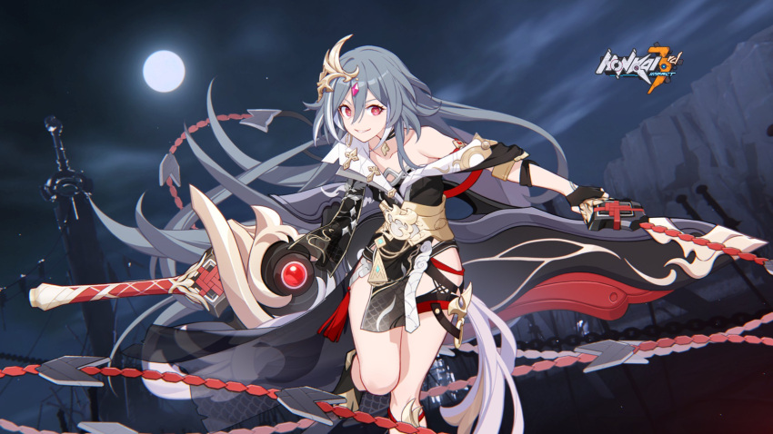 1girl bangs black_gloves black_hair china_dress chinese_clothes clouds cloudy_sky dress fingerless_gloves floating floating_object floating_sword floating_weapon fu_hua fu_hua_(herrscher_of_sentience) full_moon gloves grin hair_between_eyes hair_ornament highres holding holding_whip honkai_(series) honkai_impact_3rd long_hair looking_at_viewer moon multicolored_hair night night_sky official_art open_mouth outdoors red_eyes sky smile streaked_hair sword teeth weapon