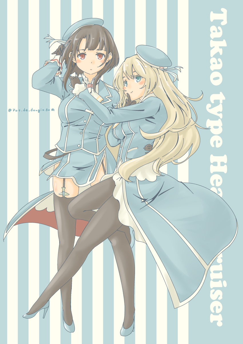 2girls atago_(kantai_collection) beret black_gloves black_hair blonde_hair blue_hat blush breast_grab breasts building closed_eyes denim eyebrows eyebrows_visible_through_hair frilled_cuffs fur_collar fur_trim gloves grabbing grabbing_from_behind hat jeans kantai_collection large_breasts long_hair long_sleeves military military_uniform multiple_girls necktie nose_blush open_mouth outdoors pants plant pot_de_dougin potted_plant red_eyes round_teeth short_hair takao_(kantai_collection) teeth uniform upper_body white_necktie wince wrist_cuffs yuri
